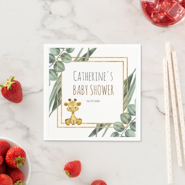Sweet Jungle Safari Giraffe Botanical Baby Shower Napkin (Insitu)
