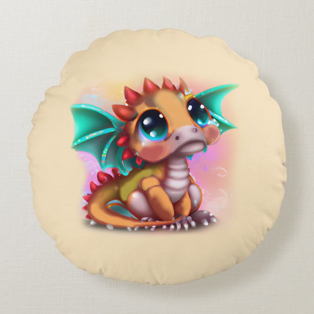 Sweet Kawaii Baby Dragon Round Pillow (Front)