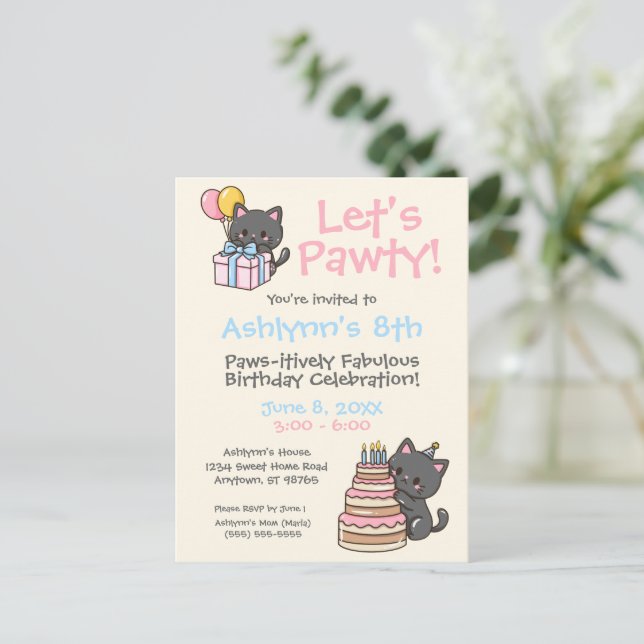 Sweet Kawaii Black Cat Birthday Party Postcard (Standing Front)