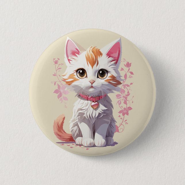 Sweet Kawaii Cat with Big Eyes 2 Inch Round Button (Front)
