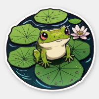 Sweet Kawaii Frog on Lily Pad Sticker, Cute Frog