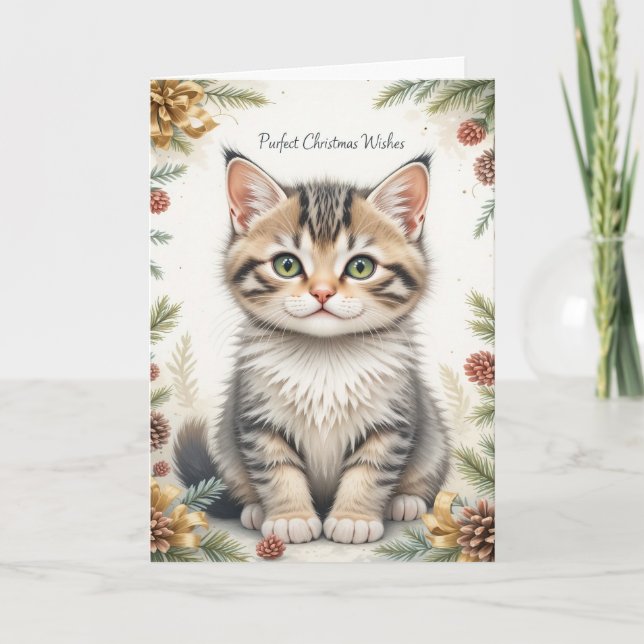 Sweet Kitten Floral Christmas Cute Pastel  Card (Front)