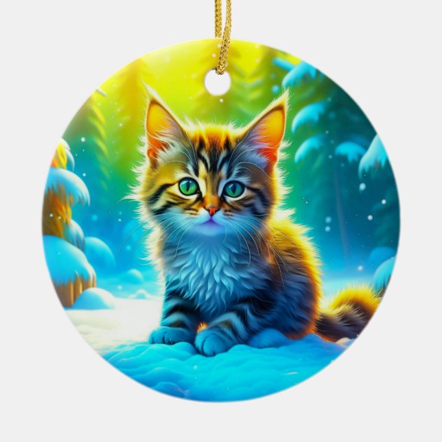 Sweet Kitten Playing in the Snow Personalized Ceramic Ornament (Front)