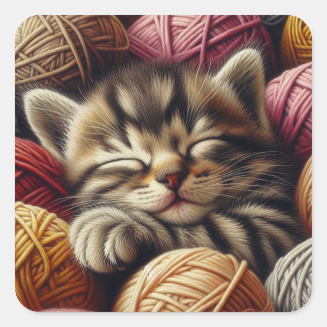 Sweet Kitten Sleeping in Yarn Adorable Square Sticker (Front)