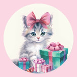Sweet Kitty Cat Big Pink Bow<br><div class="desc">Sweet Kitty Cat Big Pink Bow Classic Round Sticker</div>
