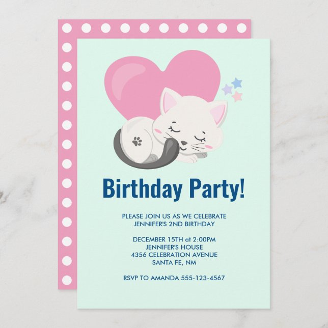 Sweet Kitty Cat Sleeping with a Big Heart Birthday Invitation (Front/Back)