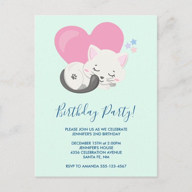 Sweet Kitty Cat Sleeping with a Big Heart Birthday Invitation Postcard (Front)
