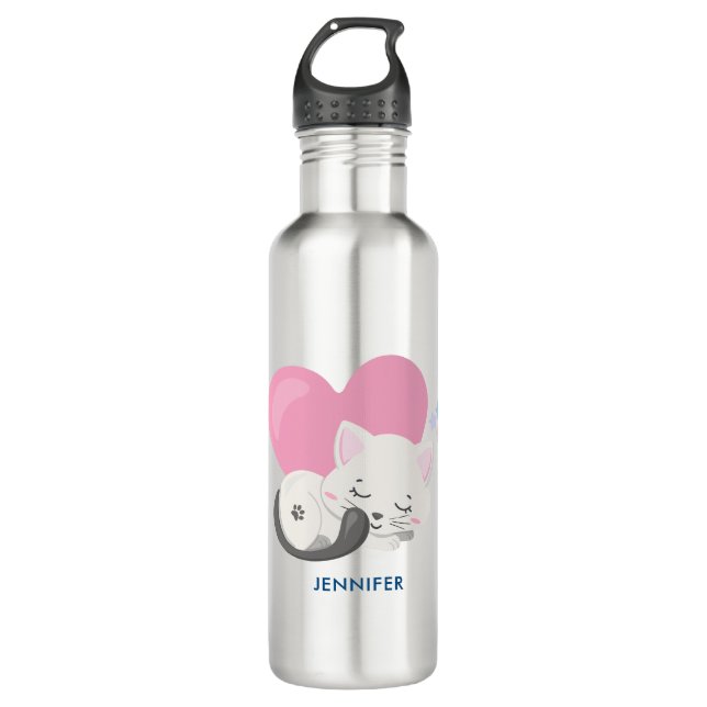 Sweet Kitty Cat Sleeping with a Big Heart in Back 710 Ml Water Bottle (Front)