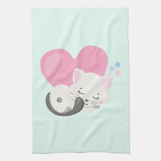 Sweet Kitty Cat Sleeping with a Big Heart in Back Kitchen Towel (Vertical)