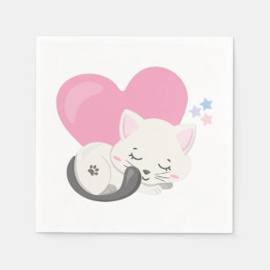 Sweet Kitty Cat Sleeping with a Big Heart in Back Napkin