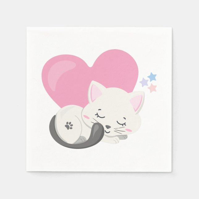 Sweet Kitty Cat Sleeping with a Big Heart in Back Napkin (Front)