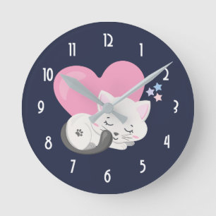 Sweet Kitty Cat Sleeping with a Big Heart in Back Round Clock