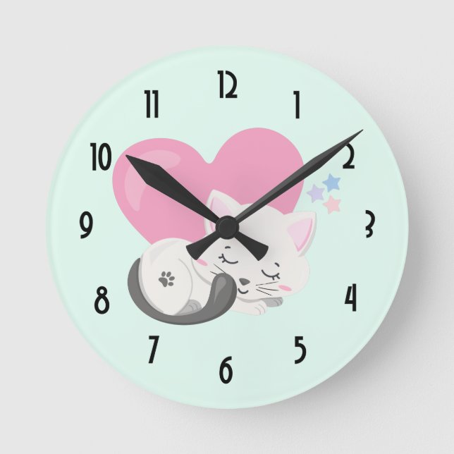 Sweet Kitty Cat Sleeping with a Big Heart in Back Round Clock (Front)