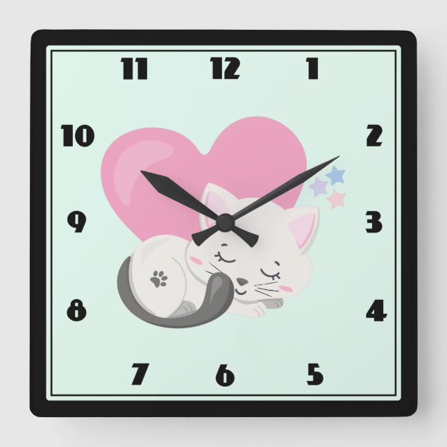 Sweet Kitty Cat Sleeping with a Big Heart in Back Square Wall Clock (Front)