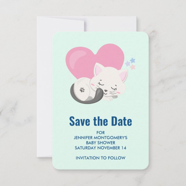 Sweet Kitty Cat Sleeping with a Big Heart Save The Date (Front)