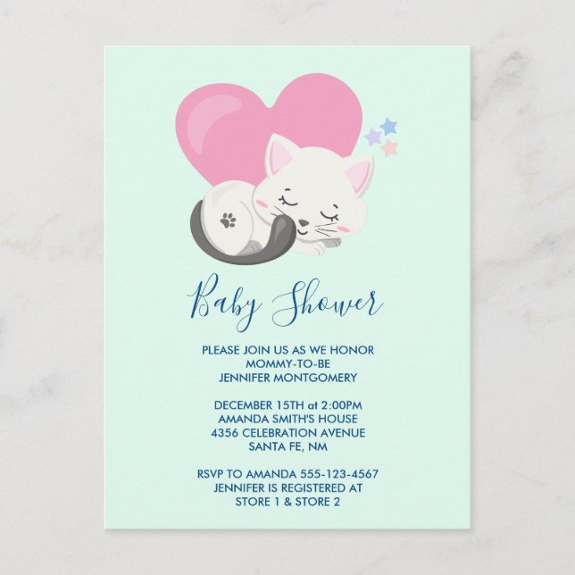 Sweet Kitty Cat Sleeping with a Big Heart Shower Invitation Postcard (Front)