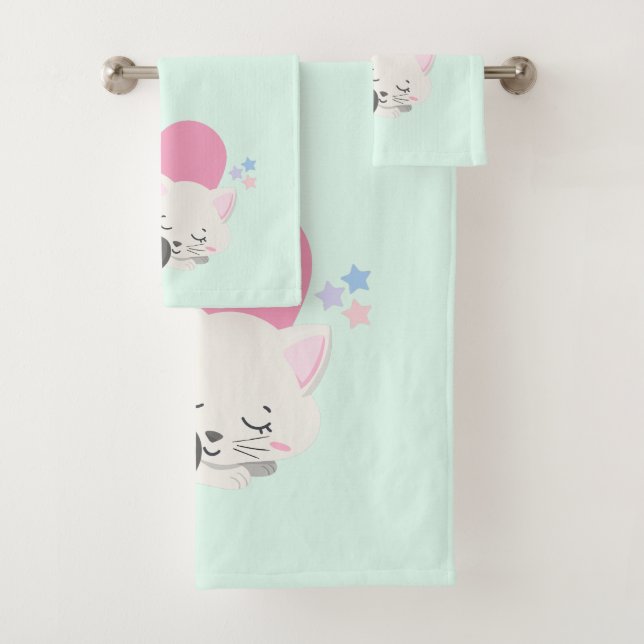 Sweet Kitty Cat Sleeping with a Big Pink Heart Bath Towel Set (Insitu)
