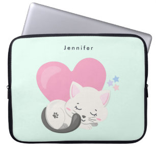 Sweet Kitty Cat Sleeping with a Big Pink Heart Laptop Sleeve