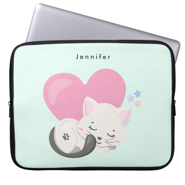 Sweet Kitty Cat Sleeping with a Big Pink Heart Laptop Sleeve (Front)