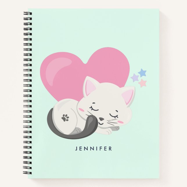 Sweet Kitty Cat Sleeping with a Big Pink Heart Notebook (Front)