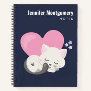 Sweet Kitty Cat Sleeping with a Big Pink Heart Notebook