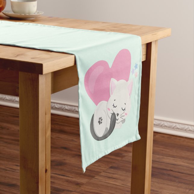 Sweet Kitty Cat Sleeping with a Big Pink Heart Short Table Runner (In Situ)