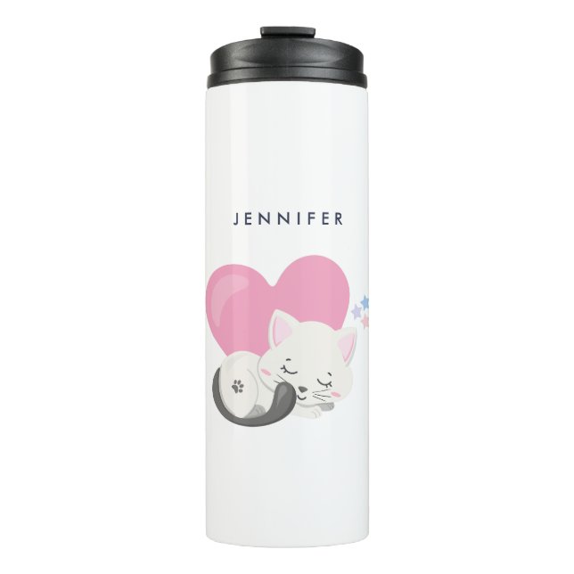 Sweet Kitty Cat Sleeping with a Big Pink Heart Thermal Tumbler (Front)