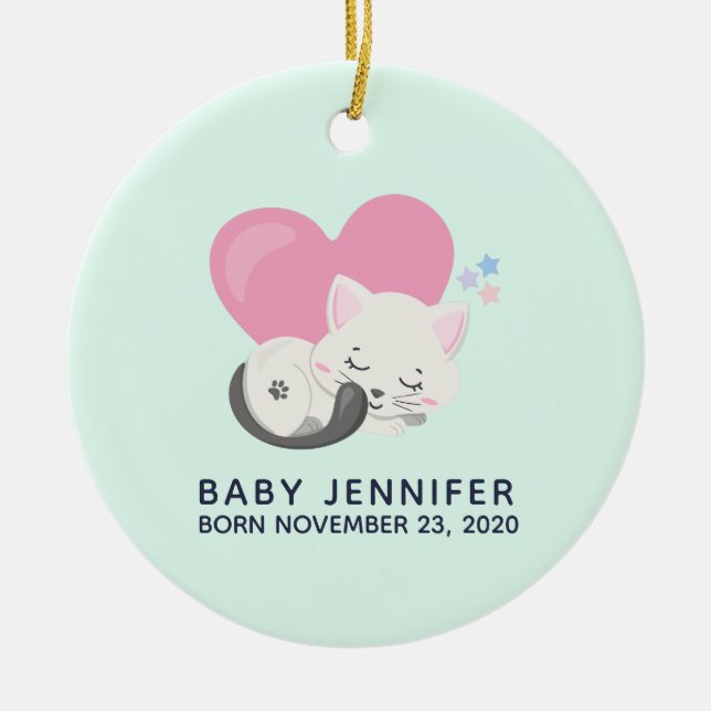 Sweet Kitty Cat Sleeping with a Heart Baby Birth Ceramic Ornament (Front)