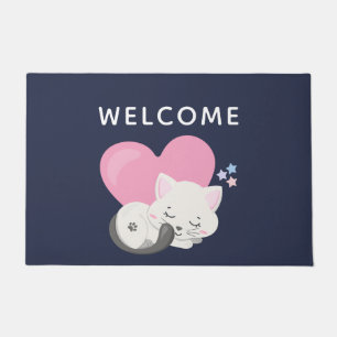 Sweet Kitty Cat Sleeping with a Pink Heart Welcome Doormat