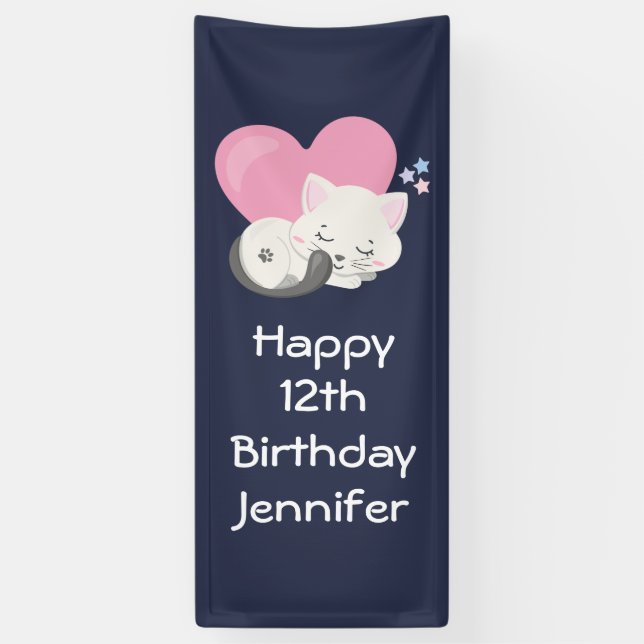Sweet Kitty Cat Sleeping with Pink Heart Birthday Banner (Vertical)