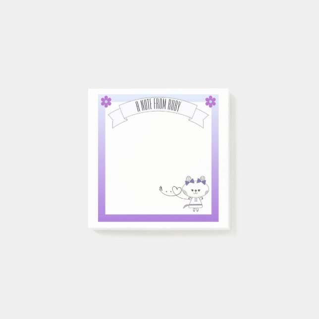 Sweet Kitty Graphic Purple Border Personalized Post-it Notes (Front)