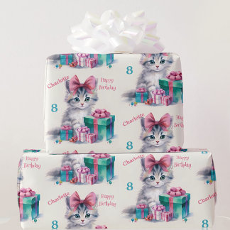 Sweet Kitty Happy Birthday Girl's Name Age  Wrapping Paper