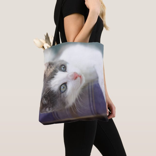 Sweet Kitty In Plaid Bed Tote Bag (Close Up)
