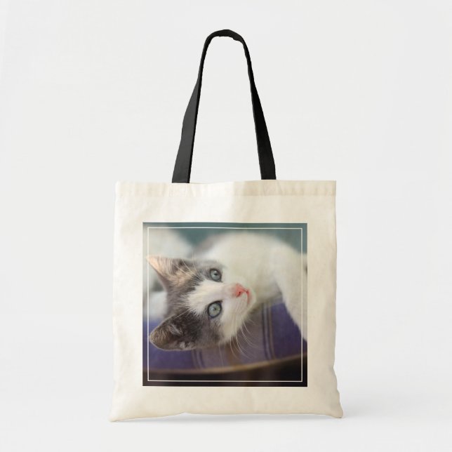 Sweet Kitty In Plaid Bed Tote Bag (Front)