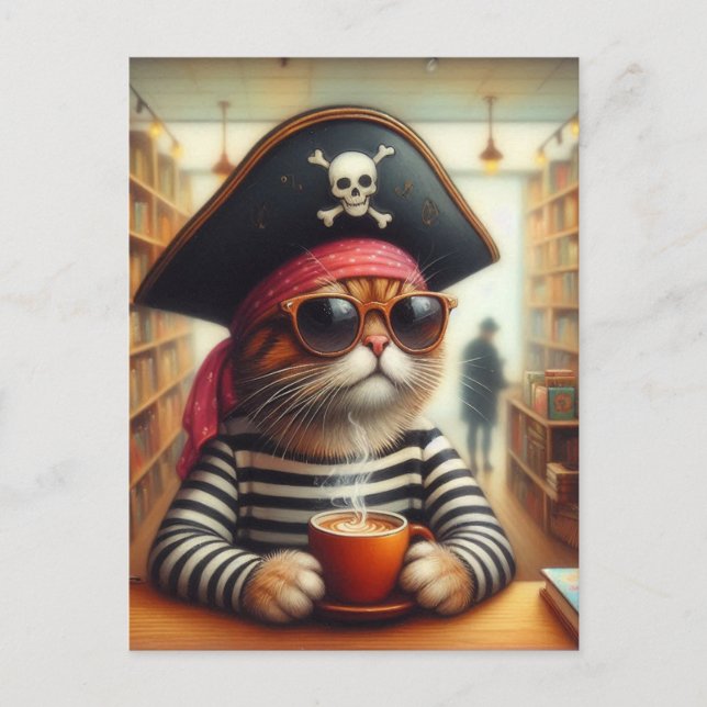 Sweet Kitty Pirate With a Coffee in a Bookshop Postcard (Front)