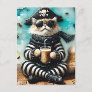 Sweet Kitty Pirate With a Coffee Postcard