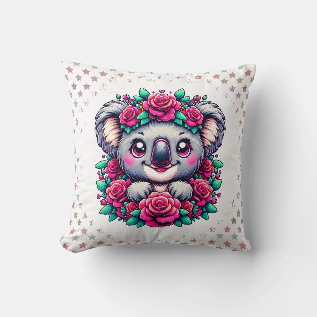 Sweet Koala with Pink Rose Wreath  Throw Pillow (Front)