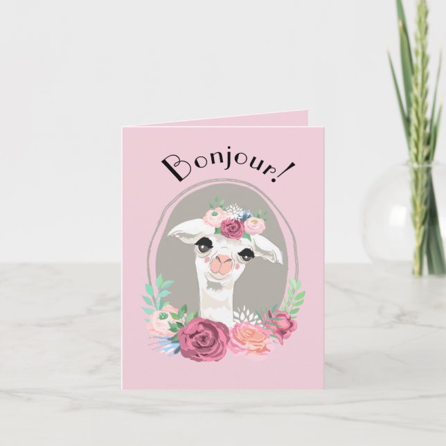 Sweet Lady Llama With Roses "Bonjour" Card (Front)