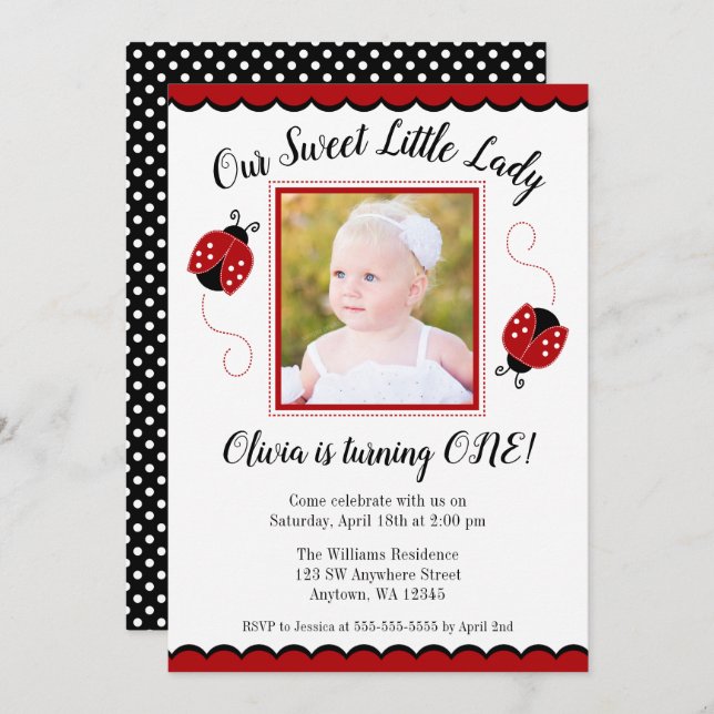 Sweet Ladybug Red Black Photo Invitations Annivers (Devant / Derrière)
