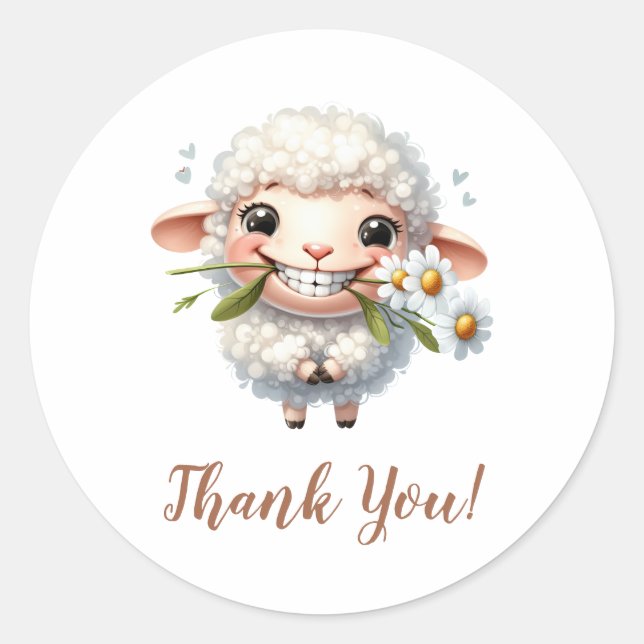 Sweet Lamb with Flowers - Thank You Classic Round Sticker (Front)