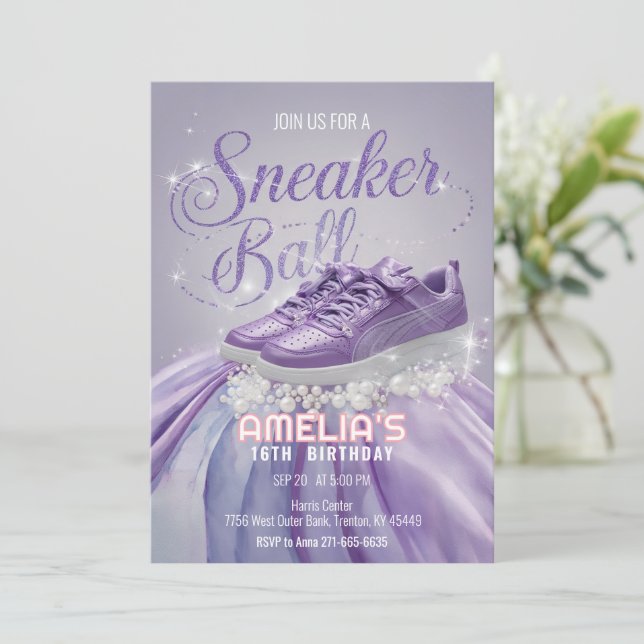 Sweet Lavender Birthday Sneaker Ball Party Invitation (Standing Front)