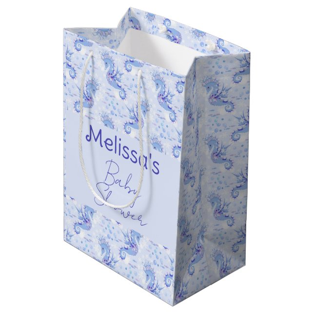 Sweet Lavender Blue Seahorse Nautical Ocean Medium Gift Bag (Back Angled)