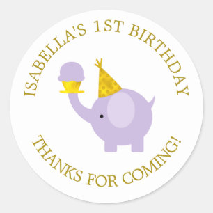 Sweet Lavender Elephant Birthday Party Classic Round Sticker