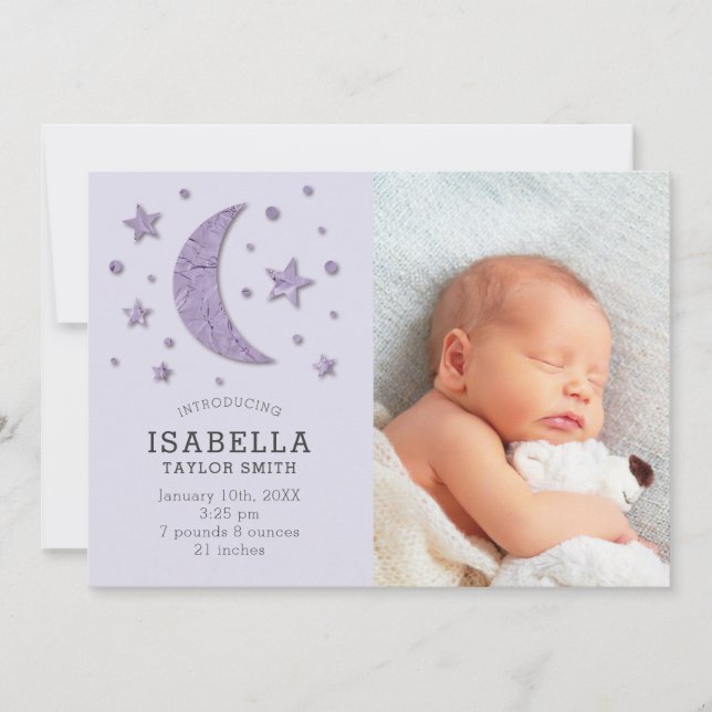 Sweet Lavender Moon Stars Baby Photo Birth Announcement (Front)