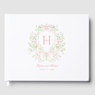Sweet Leaf Crest w/ Pink Bows   Monogram Wedding Guest Book