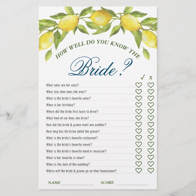Sweet Lemons & Greenery Chic Bridal Shower Game (Front)