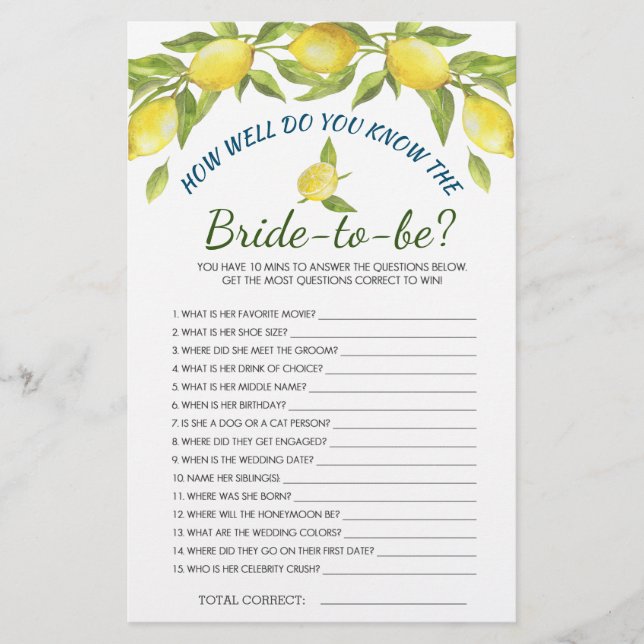 Sweet Lemons & Greenery Chic Bridal Shower Game (Front)