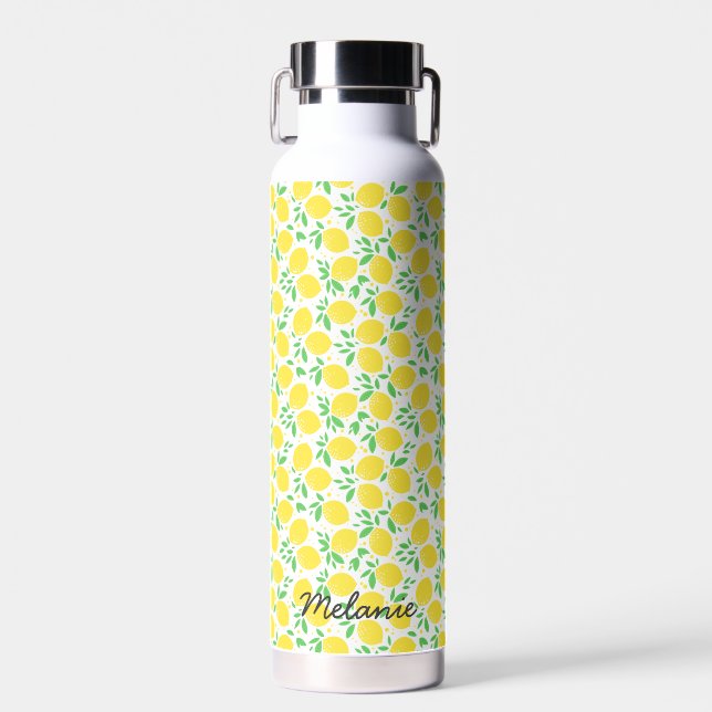 Sweet Lemons Leaf Pattern Personalised Water Bottle (Front)