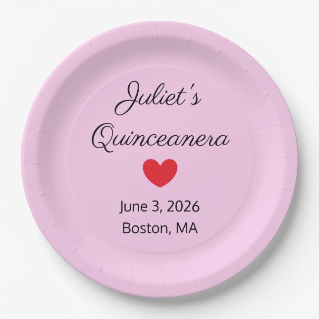 Sweet Letters: Black on Pink Quinceanera  Paper Plate (Front)