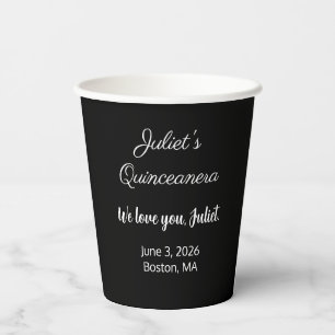 Sweet Letters: White on Black Quinceanera Paper Cups